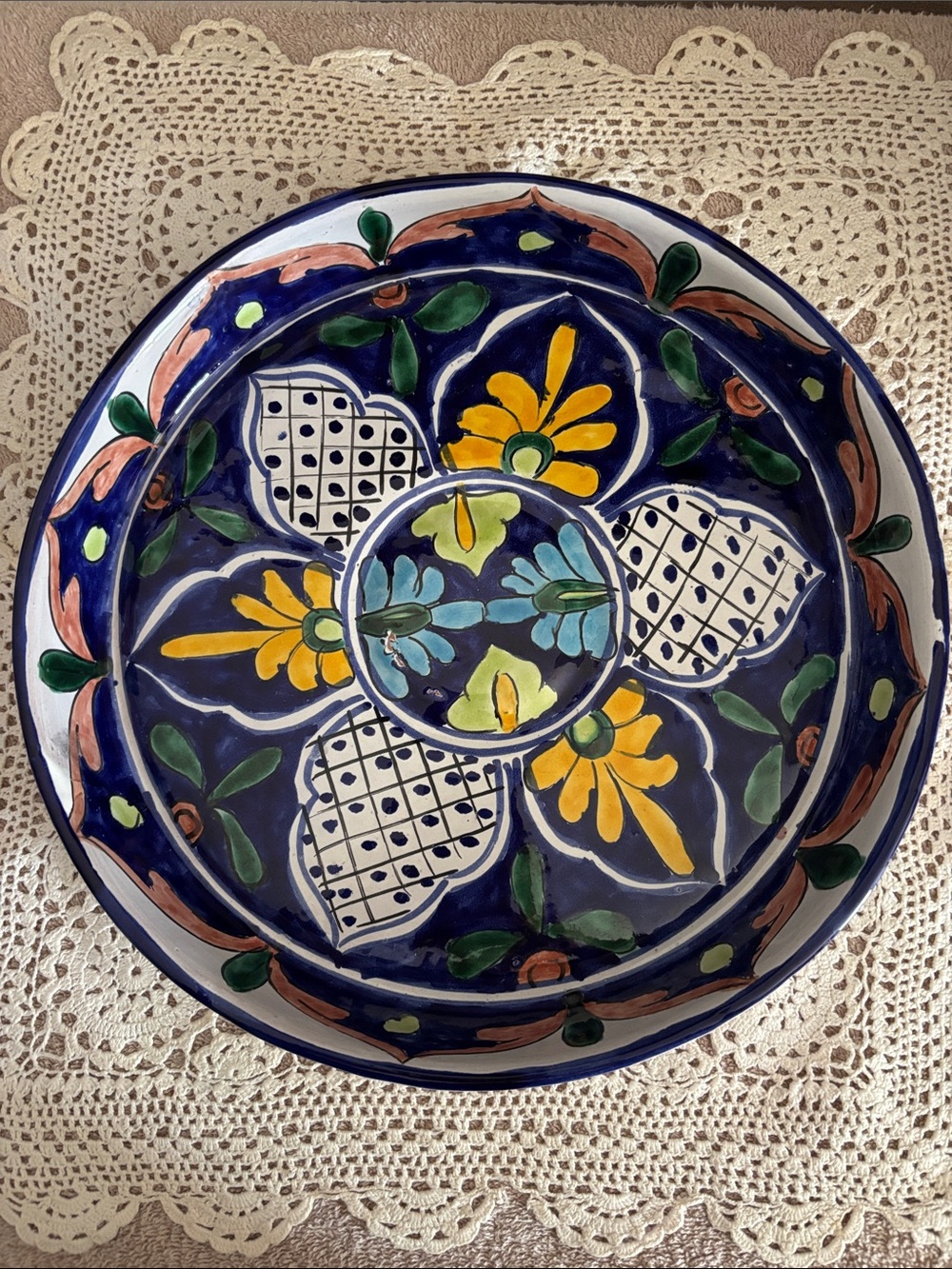 Artisan Hand-Painted Mexican Blue Floral Ceramic plant saucer - Home Art